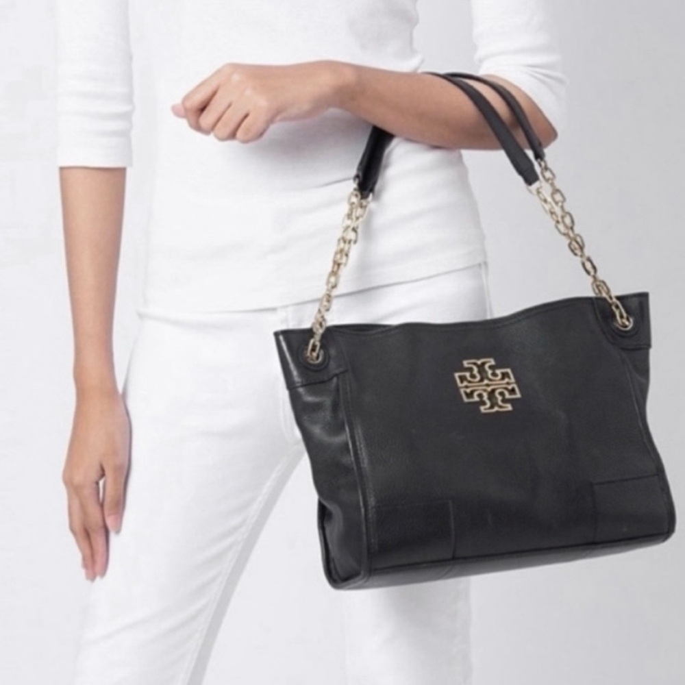 TORY BURCH Britten Tote Bag Slouchy Triple Compartment, Black